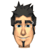 Animated cartoon head with spiky dark hair, blue eyes, and a goatee showing multiple facial expressions across frames.