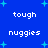 Blue background with cyan star shapes and repeated white text reading 'tough' and 'nuggies' in a pattern