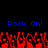 Blue text 'Rock On!' repeated twice above red pixelated crowd with raised hands on black background.