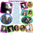 A static digital image displays a of small portrait icons on the left against a bright cyan background with red pixelated text listing names