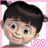 cartoon-style character icons with dark hair in pigtails, pink starbursts, and pink text on a white background