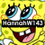 Yellow cartoon character with large blue eyes and wide grin, wearing black text box with white letters 'HannahW143' over chest, on yellow-green patterned background.