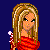 Pixelated character in red off-shoulder top and blue jeans with text overlays on dark blue background.