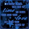 Blue and white pixelated text on a dark background with star patterns, displaying phrases like "I'D WAIT UNTIL THE END OF time TO HEAR YOU SAY YOU ME LIKE YOU MEAN IT" and "love" in various styles.
