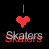 Red pixelated heart symbols and 'Skaters' text appear in a pattern on black background, with some instances of the text having red outlines