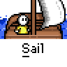 A 4-frame animated contact sheet showing a pixel art character on a sailboat with changing sail positions and water background.