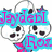 Pixelated icon with three skulls, blue and pink text, and a pink-and-blue bow, showing animation changes in the lower-right corner.