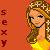 Pixelated image of a woman with long brown hair wearing a yellow dress and dark choker, standing against an orange background with vertical red text reading SEXXY.