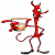 Red cartoon demon with horns, tail, and black shoes holds a brown bucket in various poses