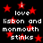 Black background with red stars and repeated white text reading 'i love lisbon and monmouth stinks' in pixelated font.