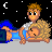 Animated pixel art contact sheet showing a blonde character in various poses with text bubbles, set against a night sky background with stars and crescent moons.