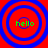 Four identical circular icons with red backgrounds and blue concentric rings, each containing green text reading 'hello' in the center.