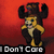 Pixelated cartoon character with yellow and black body, dark brown limbs, and blue eyes, standing against red background with text "Don't Care" below.