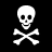 Two pixelated skull and crossbones icons displayed side-by-side, one on black background with white symbols, the other on white background with dark gray symbols.