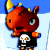 Pixelated character with orange-red head, yellow horns, and blue eyes stands against light blue background holding white skull on black shirt.