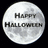 Six circular icons with full moon backgrounds display text variations including 'Happy Halloween', 'AND', 'HAPPY', 'BIRTHDAY', 'TO', and 'ME' in black or orange lettering.