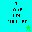 Four display "I LOVE MY JULLUFI" text with pixelated stars; top-left and bottom-right have cyan backgrounds, top-right has green background, bottom-left has bright green background