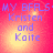 Pixelated text on a gradient background with four identical showing 'MY BFLS • Kristen and Kaite' in blue letters