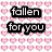 Pixelated text 'fallen for you' in white letters on black rectangular blocks over a background of pink heart shapes.
