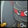 Static pixelated icon featuring a stylized figure with red accents and mechanical elements against a gray background, including a yellow base object on the left.