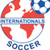 A pixelated globe with red continents and white oceans, overlaid by a blue-and-white soccer ball, with "INTERNATIONALS" text above and "SOCCER" below.