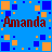 Blue background with scattered orange, blue, and red squares; two lines of dark brown text reading "Amanda Amanda" in pixelated font.