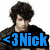 A pixelated image of a person with dark curly hair wearing a black jacket over a white shirt, with blue text reading '<3 Nick' overlaid.