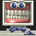 Pixelated computer monitor with blue eyes, white teeth, red gums, and a bow tie showing two mouth states.