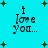 Cyan background with dark green plus signs and four identical pixelated text blocks reading 'i love you...' arranged in a
