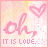 Pink-themed animated icon with 'oh, IT IS LOVE.' text and heart symbols on a soft pastel background.