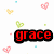 Red text 'grace' in pixelated font on black background with floating heart shapes and colored squares around it.