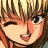 Pixelated close-up of an anime-style character's face with brown hair, one eye closed in a wink, and visible blush on cheeks.
