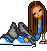 Pixel art of a girl with long brown hair and blue eyes sitting on snow-covered rocks, surrounded by repeated text "MARISSA" in black block letters.