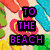 Pixelated beach scene with colorful flip-flops and purple text reading "TO THE BEACH" on a light background.