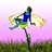 Pixelated fairy figure with blue torso, teal wings, and yellow accents stands on a green stem against pink gradient background.