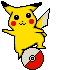 Yellow cartoon character with red cheek circles and black-tipped ears stands on a red-and-white spherical object, displaying multiple poses