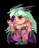 Pixel art character with light green hair and dark horns in multiple poses against black background.