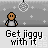 Pixelated character with brown skin and gray shirt performs repeated motion against gray background with white snowflake patterns, text "Get jiggy with it" below.