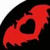 Red stylized bat-like shape with jagged edges on black background, showing three distinct rotational states.