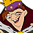 Pixelated cartoon character with brown hair, purple and yellow crown, maroon robe, and white-and-black checkered shirt, smiling with visible teeth.