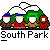 Pixel art of four South Park characters with snow-capped mountain background, text "South Park" below and "Get an Icon phaticons.com" on right.