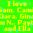 Bright green background with yellow pixelated text repeating 'I love Sam, Cambam, Camiara, Ginar, Paybn N. and Ella' in a pattern