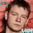 repeated identical images showing a person with short brown hair against a red patterned background, each overlaid with the word 'Love' in light blue text and small heart icons