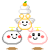 Pixel art character with orange fruit on head, white cloud-like body, and two smaller round characters below it; all have red cheeks and yellow antennae.