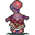 Pixelated character with red balloon hat, purple striped outfit, and wide grin stands on green base against gray background.