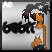 Pixelated static image shows stylized figure with orange torso, dark hair, and star on head against light gray background with black text.