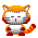 Pixel art cat with orange and red fur, white face, gray stripes, closed eyes in first view, open eyes with red nose in second view.