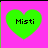 Four identical green heart-shaped icons with 'Misti' text on pink backgrounds arranged in a
