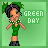 Pixel art of a character with dark hair and green eyes wearing a green dress, standing against a light green background with 'GREEN DAY' text.