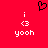 Red background with black pixelated heart at top, two white 'i' characters above identical white '<3' symbols and 'yooh' text below each symbol.